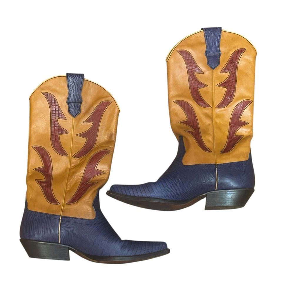 Rare 90s Hunt Club "Trisha" Leather Flame Cowboy Boots Blue Yellow Size 7M VTG - Picture 12 of 13